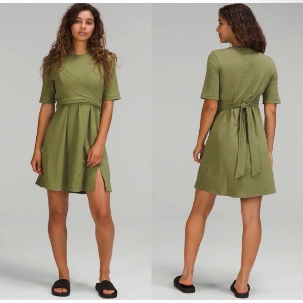 NWT $106 Lululemon Cotton Wrap Front T-Shirt Dress Size 2 Bronze Green